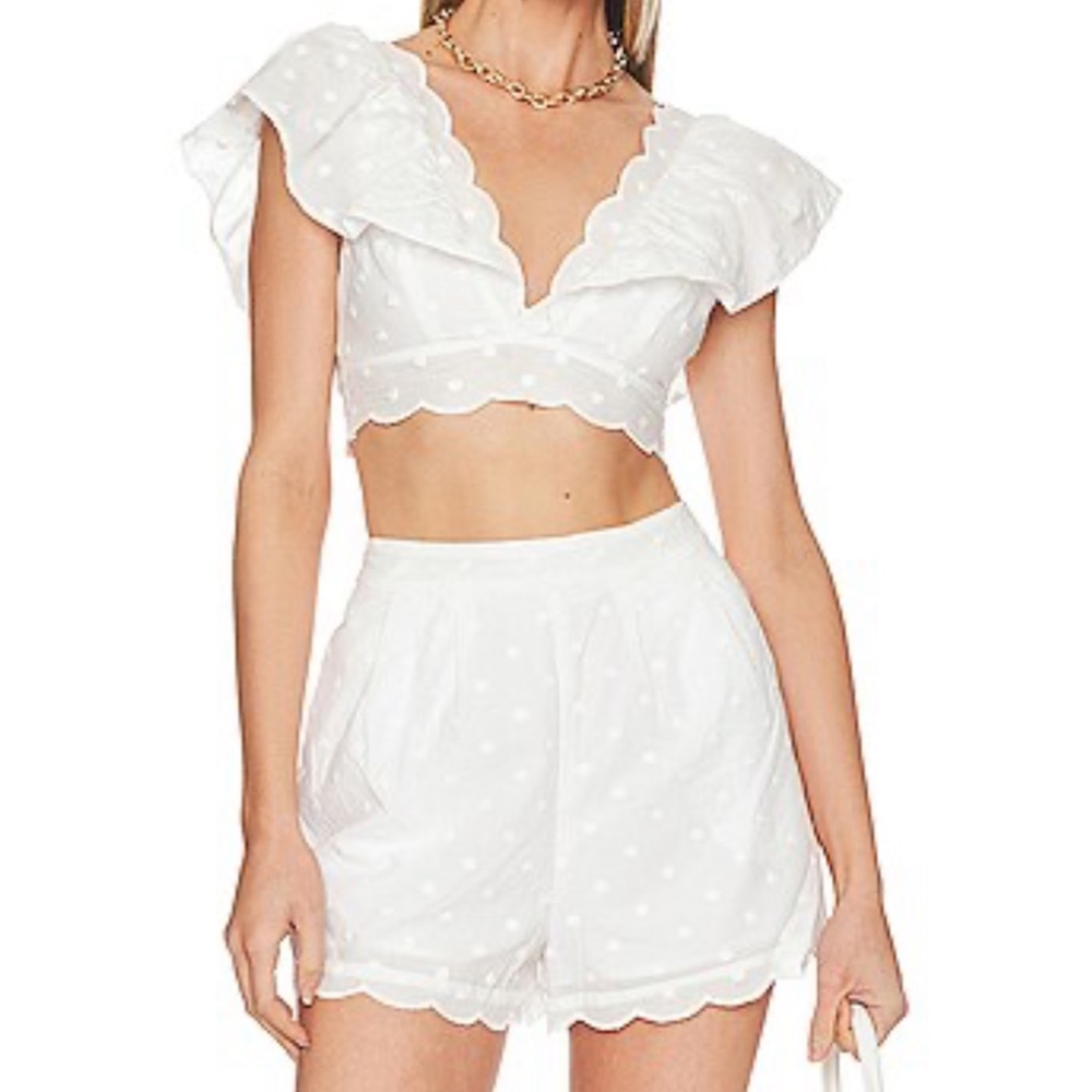 Tularosa White Swiss Dot Scallop Crop Top